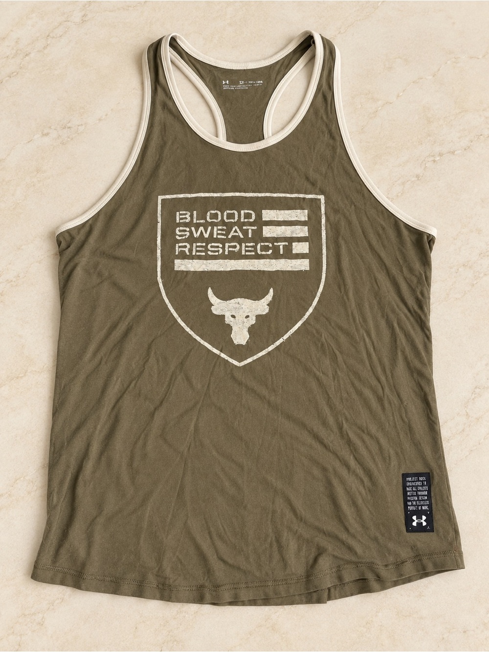 Under Armour Olive Tank with Cream Trim and Motivational Shield Graphic